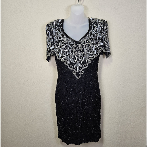 VTG Laurence Kazar Beaded Silk Formal Dress Embellished Sequin MOB 80s Black L - Picture 1 of 16